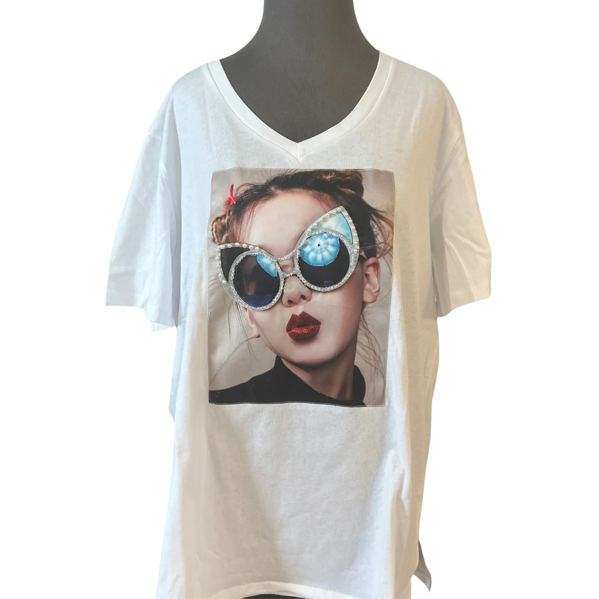 V-Neck Bejeweled Graphic Tees