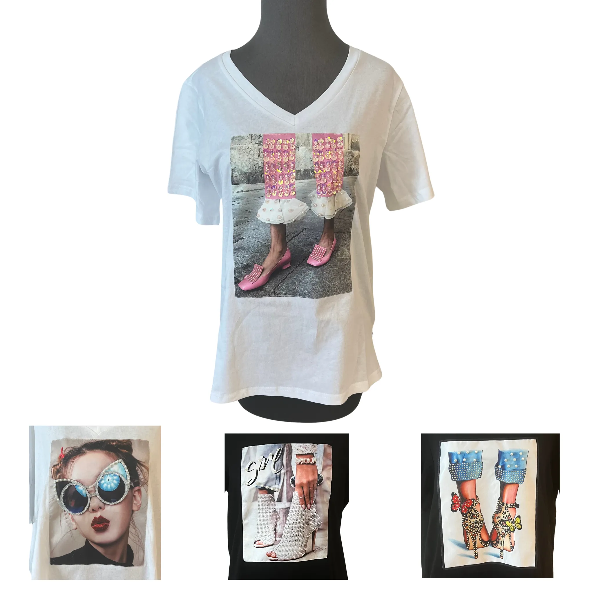 V-Neck Bejeweled Graphic Tees