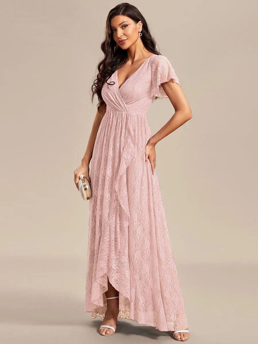 V-Neck Short Sleeve Pleated Ruffled Lace Maxi Dress in Pink