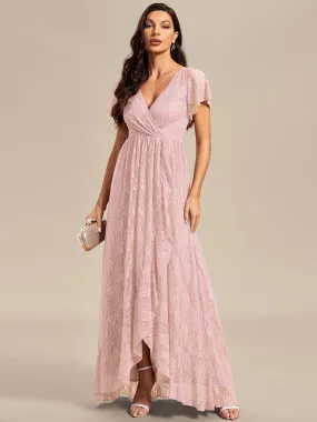 V-Neck Short Sleeve Pleated Ruffled Lace Maxi Dress in Pink