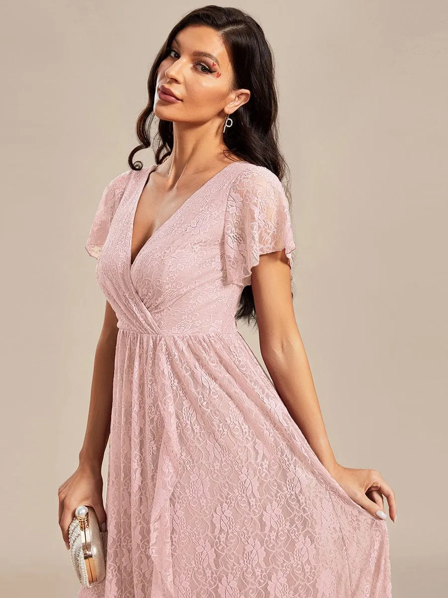 V-Neck Short Sleeve Pleated Ruffled Lace Maxi Dress in Pink