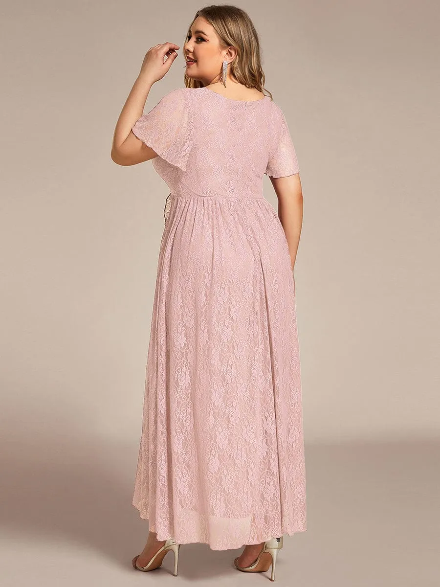 V-Neck Short Sleeve Pleated Ruffled Lace Maxi Dress in Pink