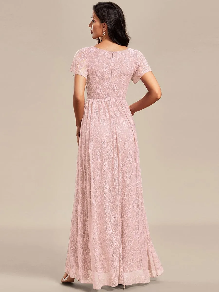 V-Neck Short Sleeve Pleated Ruffled Lace Maxi Dress in Pink