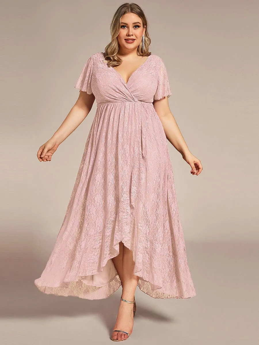 V-Neck Short Sleeve Pleated Ruffled Lace Maxi Dress in Pink