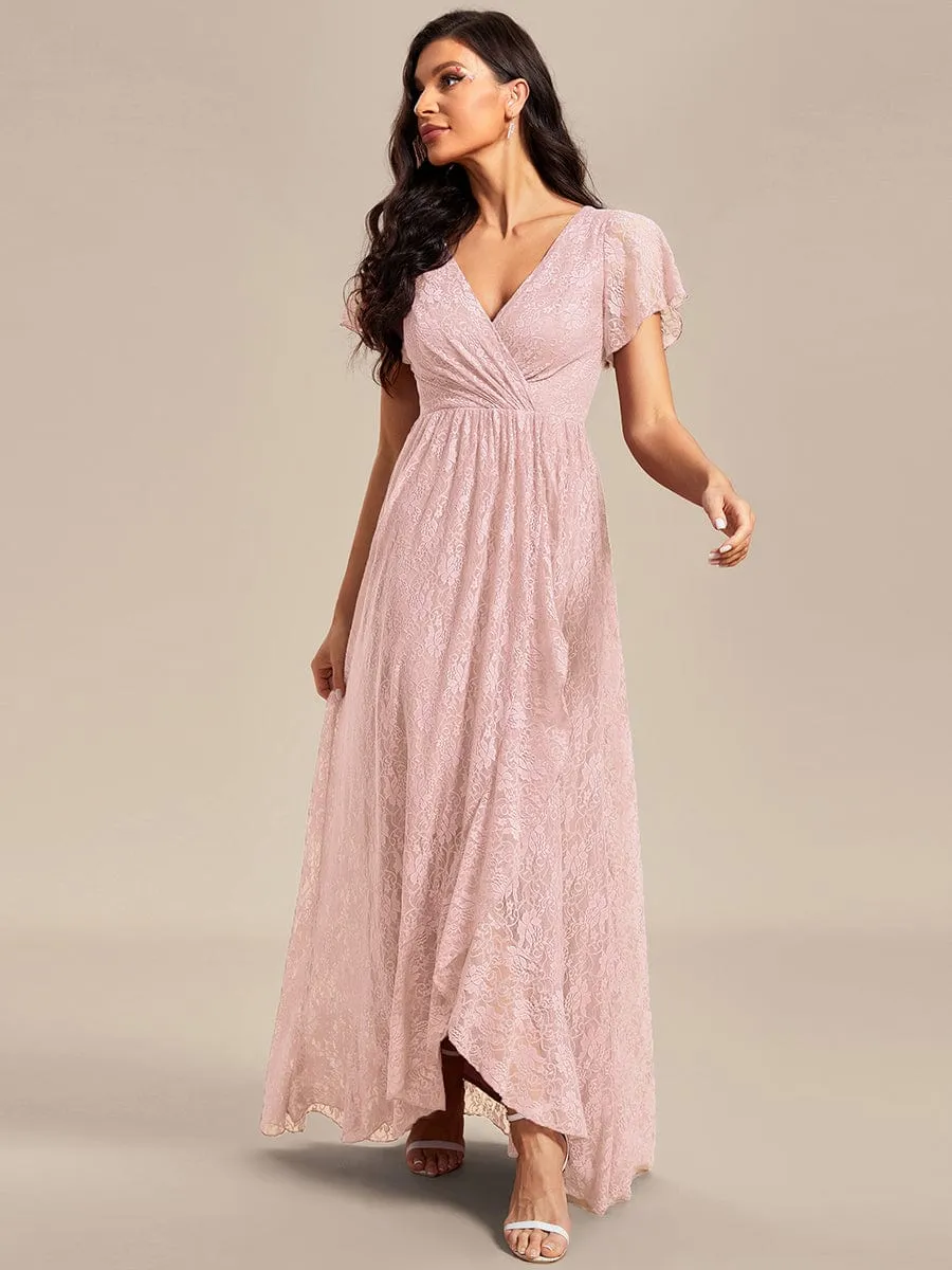 V-Neck Short Sleeve Pleated Ruffled Lace Maxi Dress in Pink