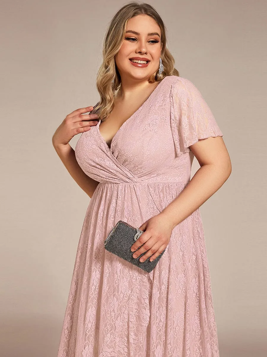 V-Neck Short Sleeve Pleated Ruffled Lace Maxi Dress in Pink
