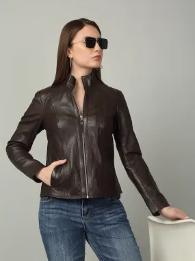 Women Brown High-Neck Leather Jacket