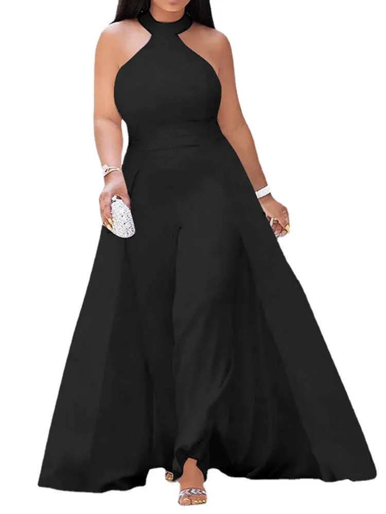 Women Loose Fit European Solid Sleeveless Patchwork Faux Two Jumpsuit