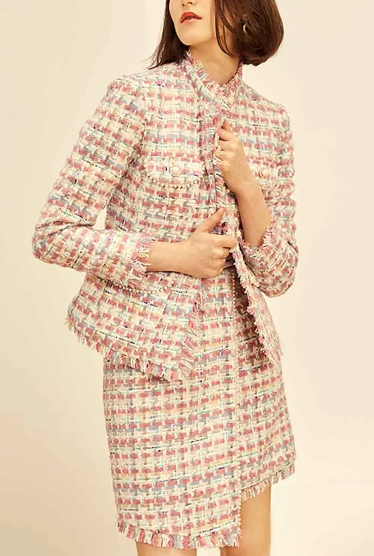 Women's Tweed Plaid Short Coat   Skirt Two Piece Sets