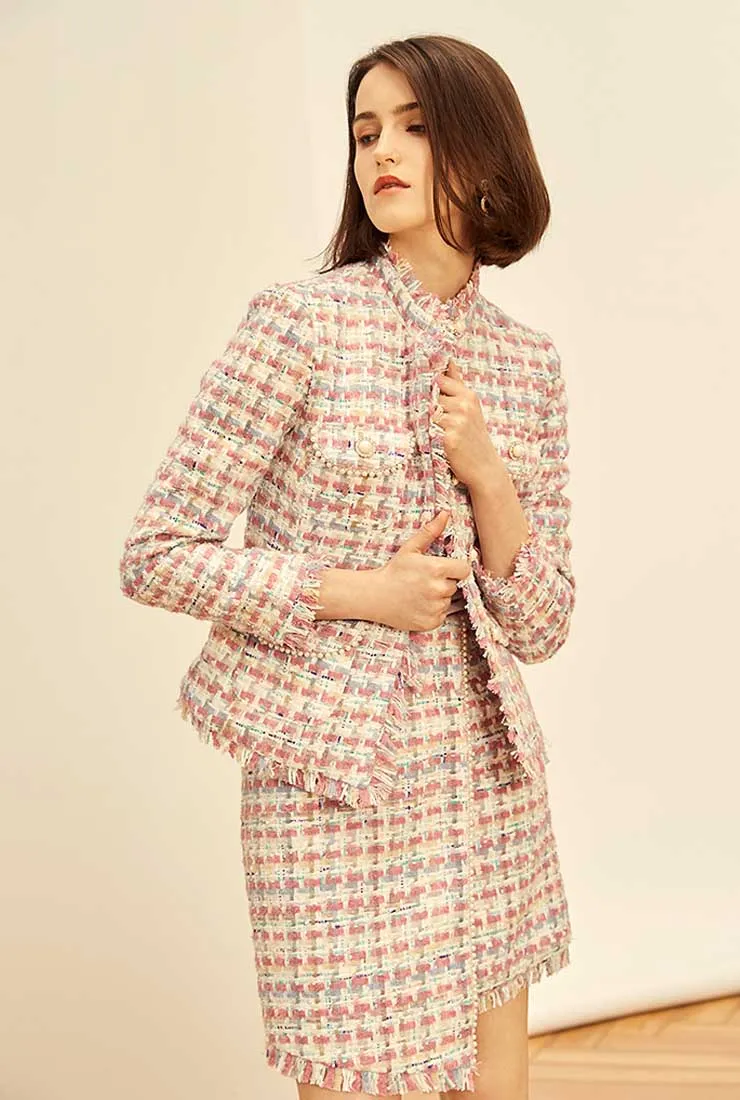 Women's Tweed Plaid Short Coat   Skirt Two Piece Sets