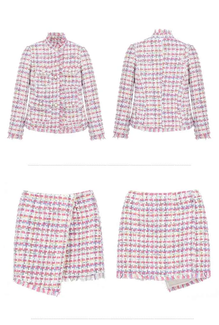 Women's Tweed Plaid Short Coat   Skirt Two Piece Sets