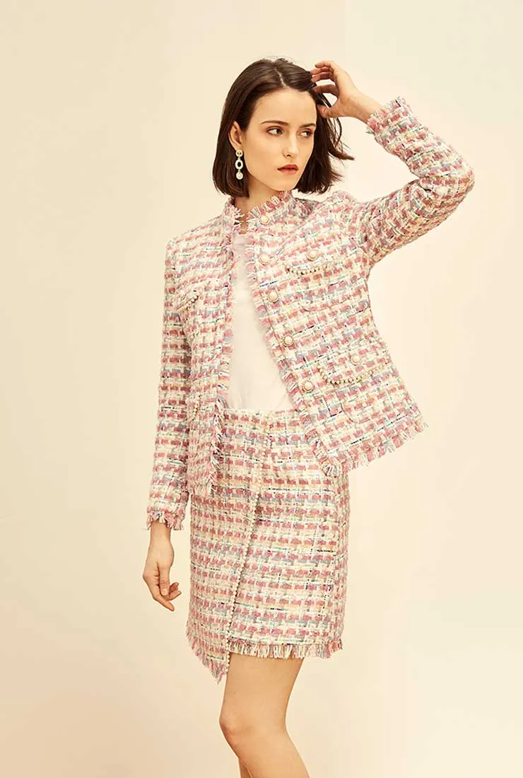 Women's Tweed Plaid Short Coat   Skirt Two Piece Sets