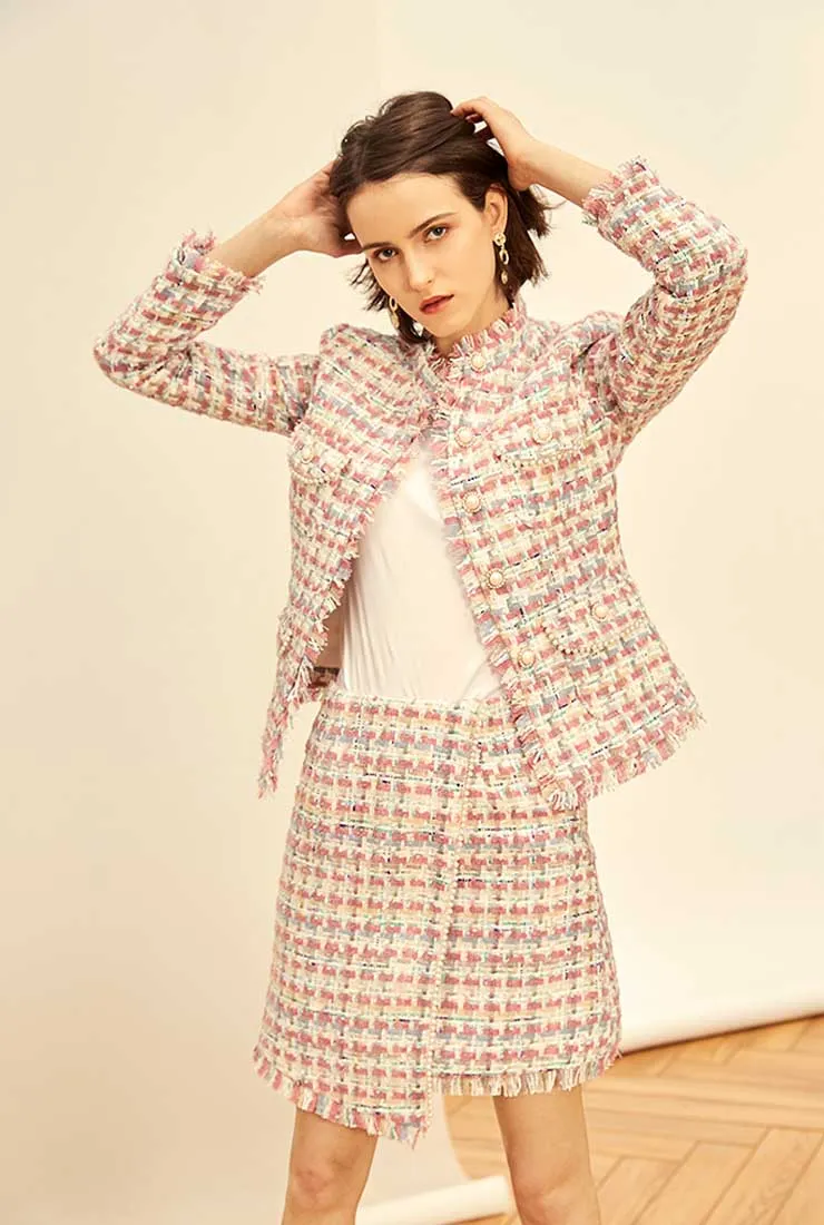 Women's Tweed Plaid Short Coat   Skirt Two Piece Sets