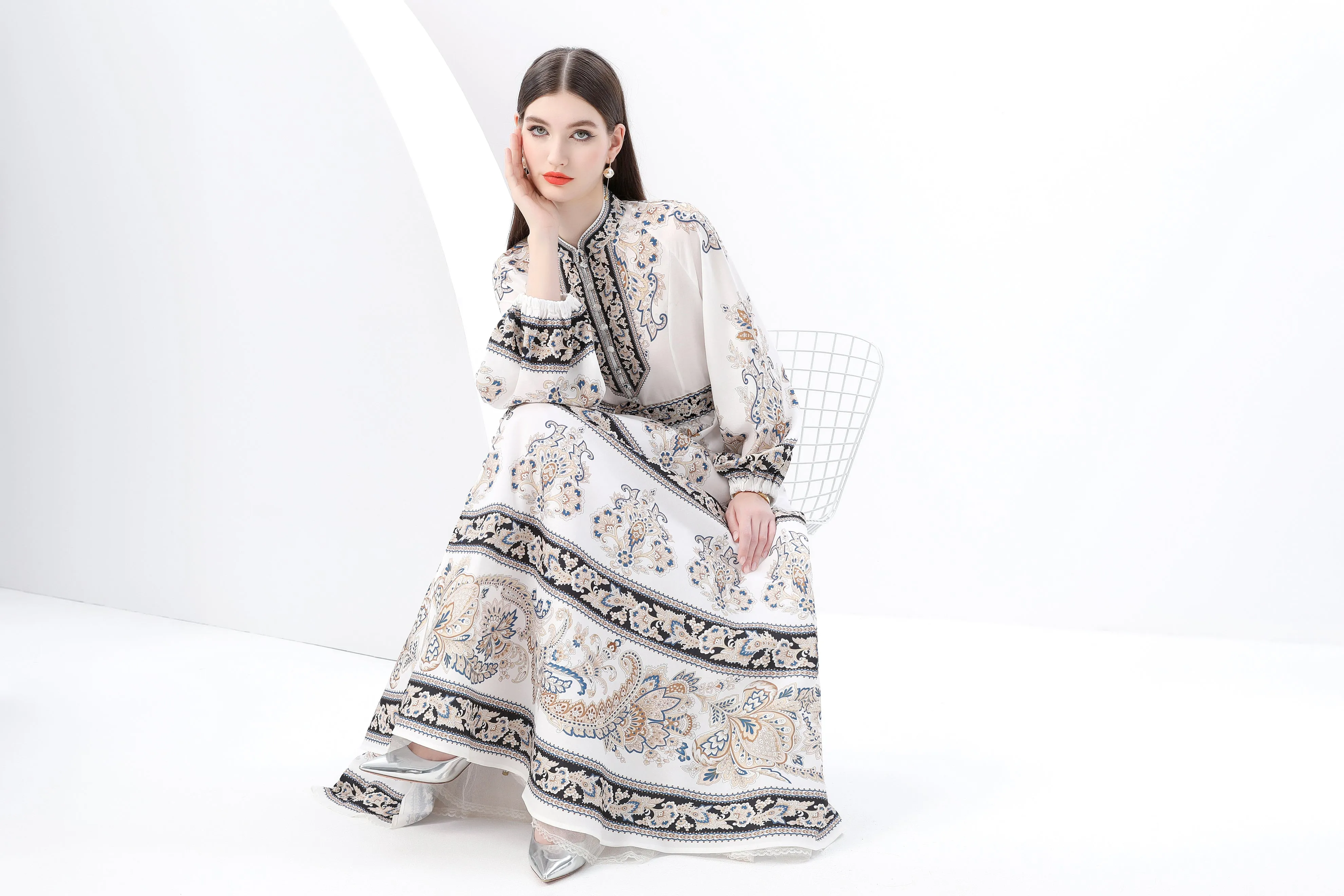 Women's Vintage Palace Print Puffed Sleeve Maxi Dress